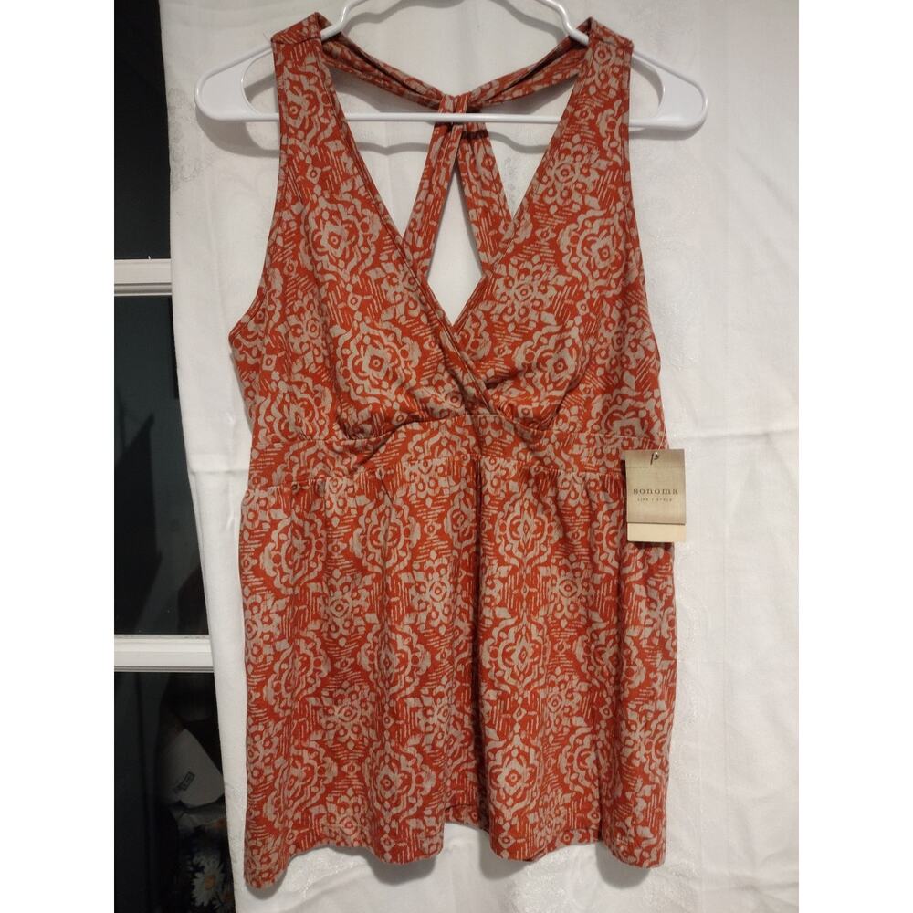 Sonoma Large Halter Top Orange Cream Boho Earthy Empire Waist Flowy Retro Casual